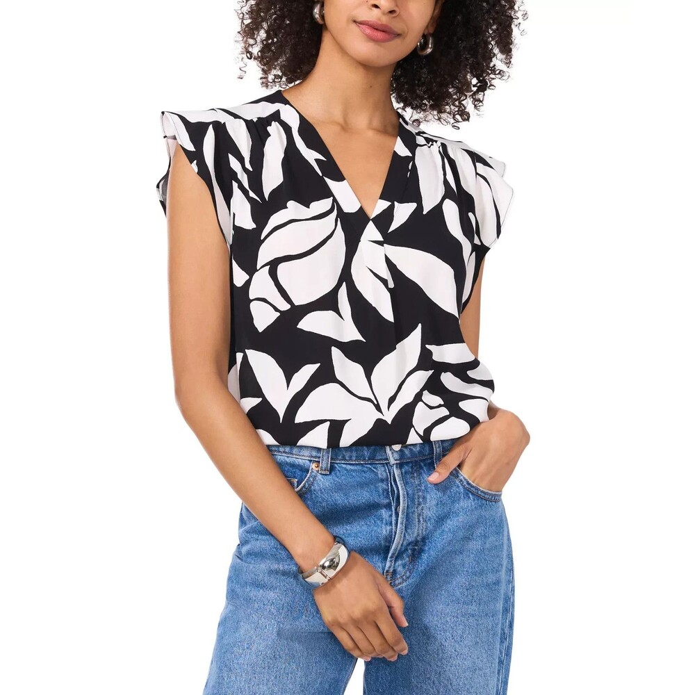 Vince Camuto Women's Printed Flutter-Sleeve Top Blouse Rich Black & White XL